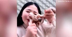 فتاة حاولت أكل أخطبوط حي فنالت عقابا فوريا على الهواء.. فيديو